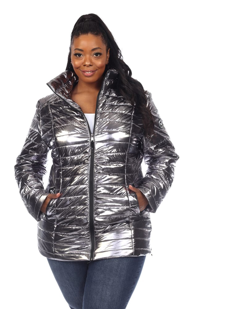 Front of a model wearing a size 3X Metallic Puffer Coat in Silver by White Mark. | dia_product_style_image_id:247183